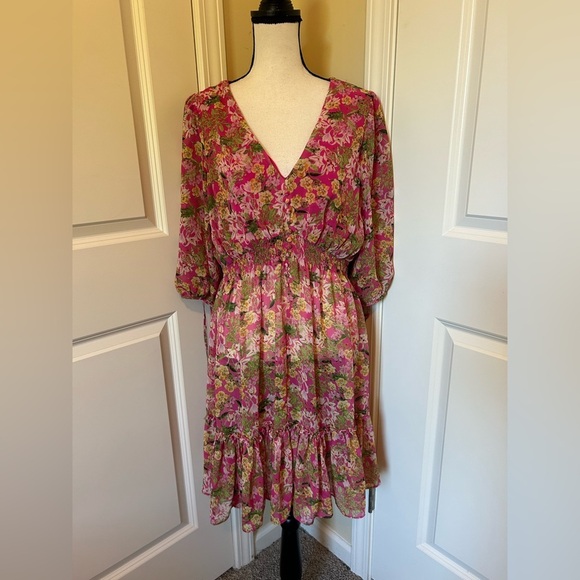 Pink long sleeve, sheer, V neck, peasant sleeve, ruffled, Floral Midi Dress - Picture 3 of 10